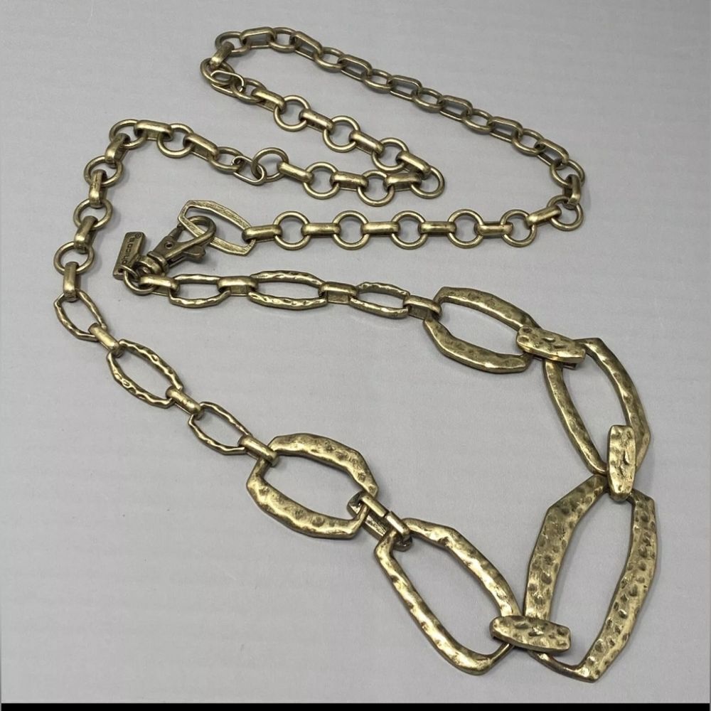 Chicos Belt Antique Gold Tone Open Metal Chain Links Hammered Graduating 42"-47"
